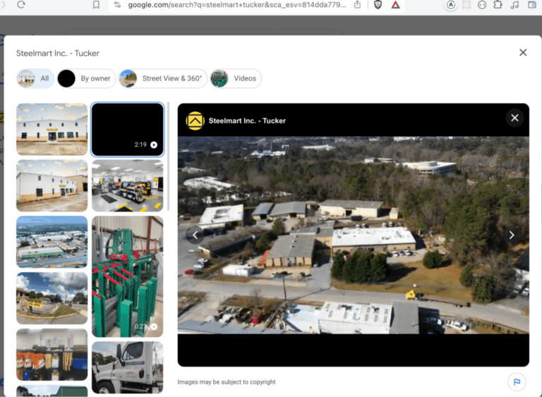 Local SEO Case Study | Steelmart Atlanta 3 Aerial and interior views of SteelMart Inc. Tucker, highlighting Google Business Page optimization efforts for improved local visibility.