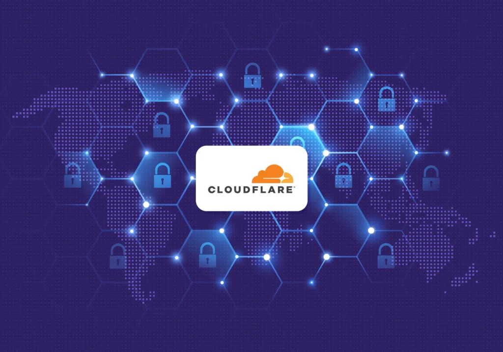 graphic of network with locks around a map of world and Cloudflare logo in the middle