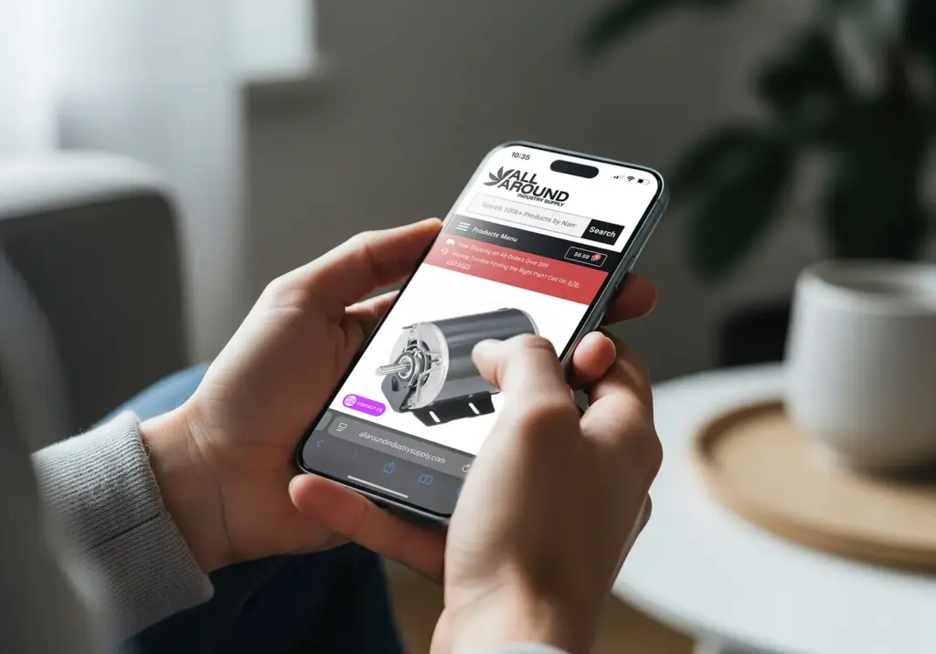 hands holding an iphone while looking at a product on an ecommerce website