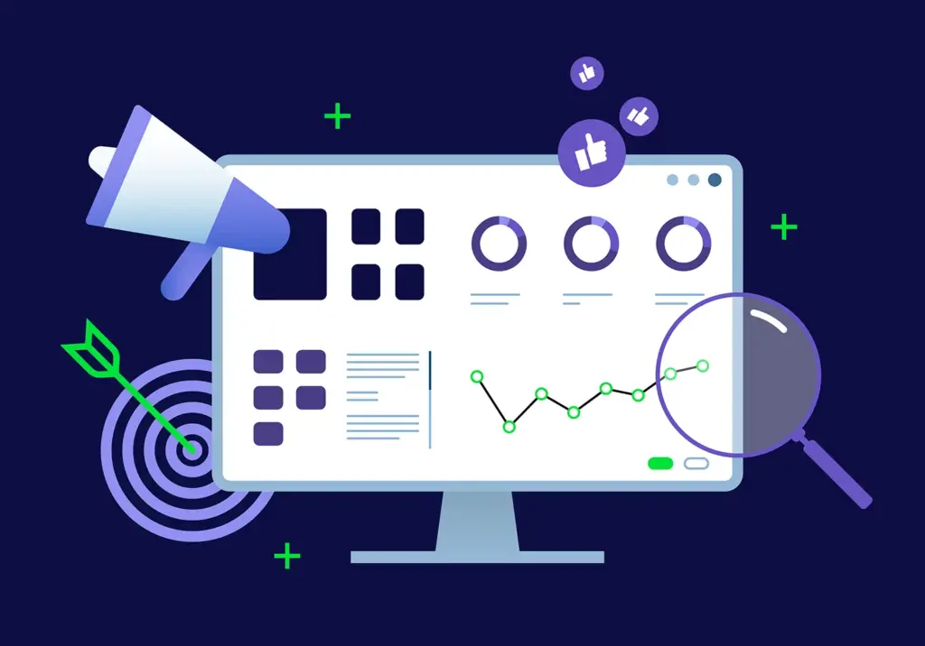 graphic of computer with SEO related iconography such as magnifying glass, arrow on a bulls eye, megaphone and thumbs up icons - How to Keep Your SEO Intact During a Website Migration