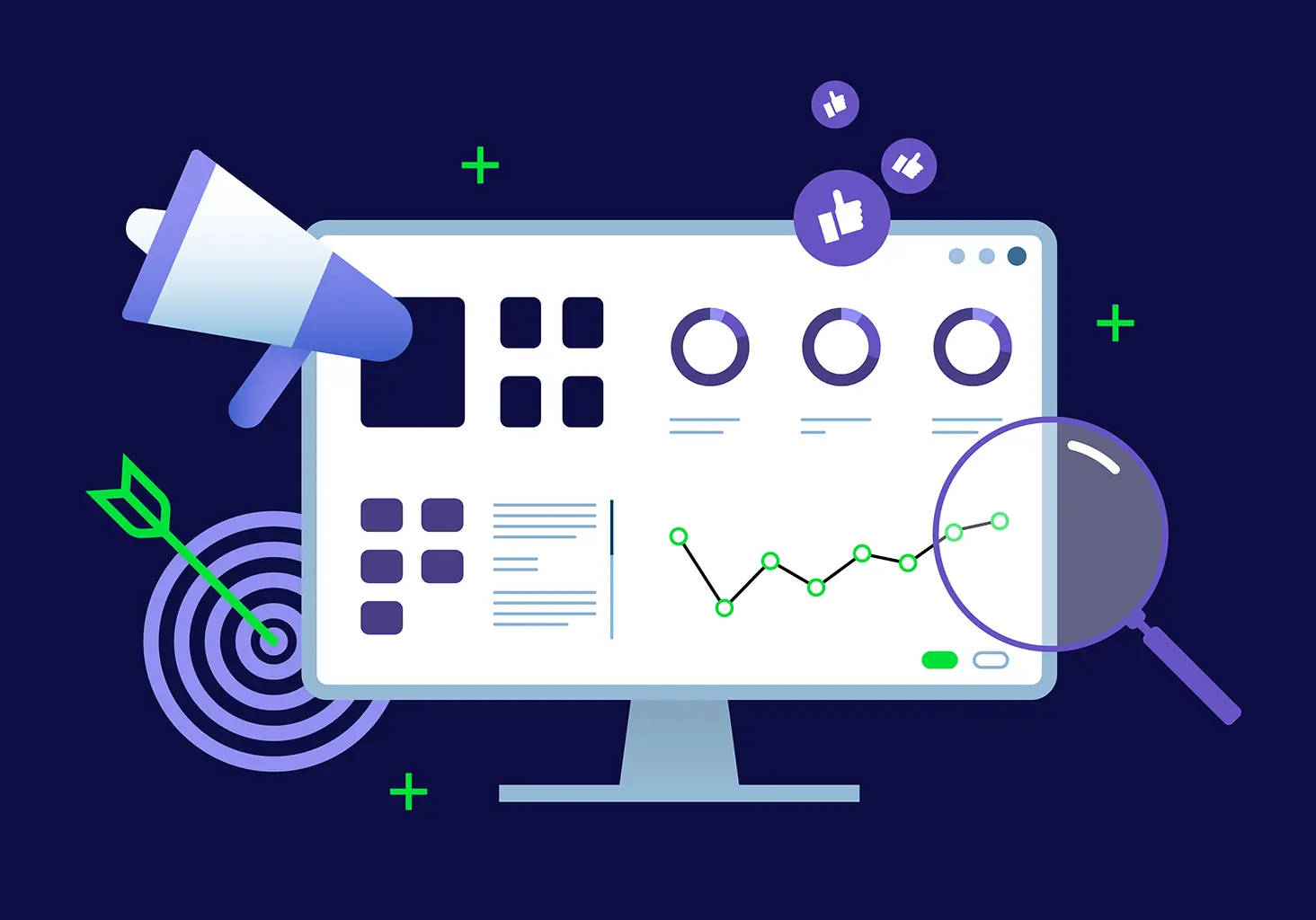 graphic of computer with SEO related iconography such as magnifying glass, arrow on a bulls eye, megaphone and thumbs up icons - How to Keep Your SEO Intact During a Website Migration