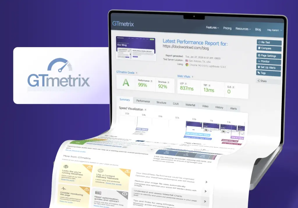 GT Metrix Website Speed Results Flowing Out of a Computer