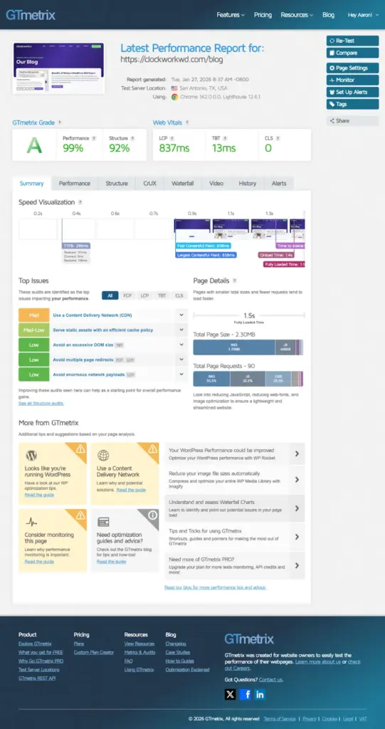 GTMetrix WebsiteSpeedReport AGrade