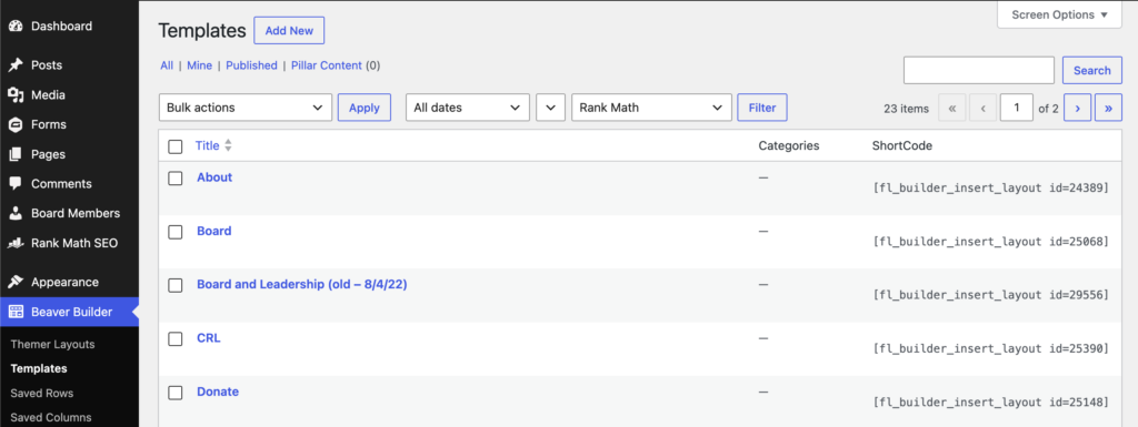 Image of example page templates in Beaver Builder