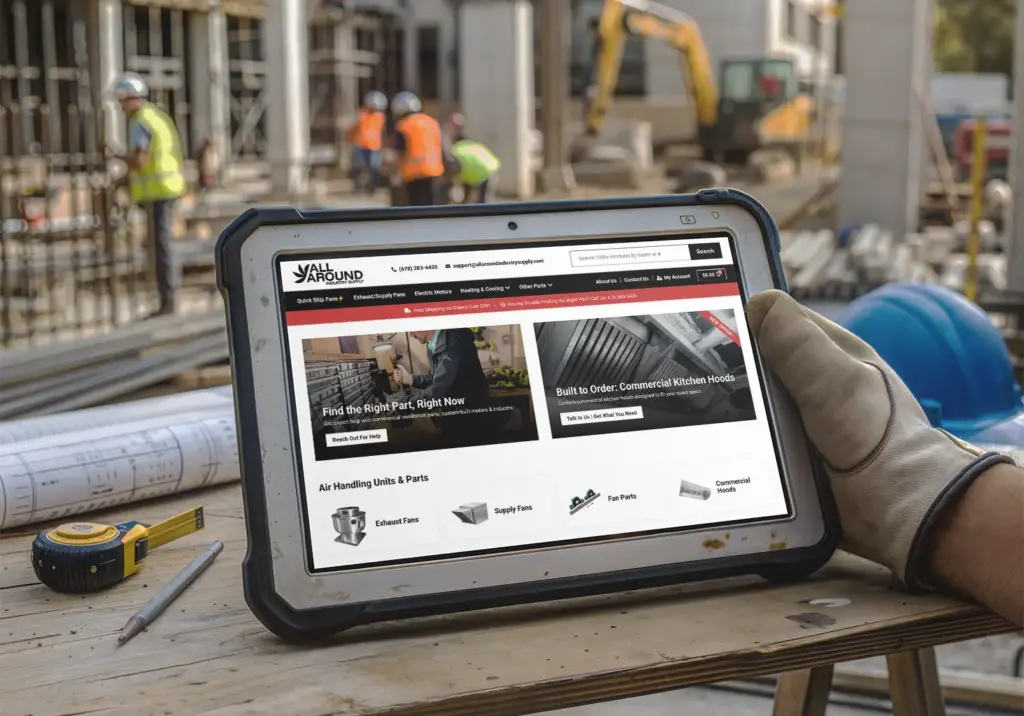 construction worker holding tablet and looking at All Around Industry Supply website