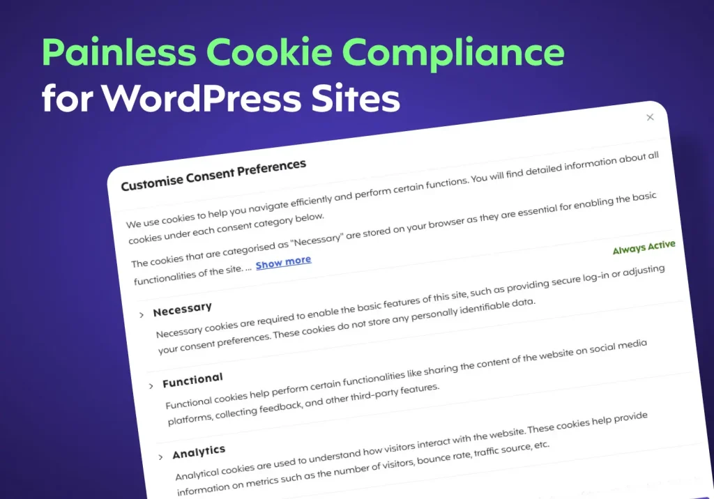 CookieYes consent pop up with text "Painless Cookie Compliance for WordPress Sites