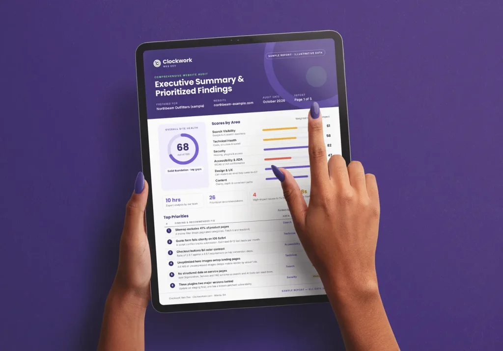 Hands holding an iPad displaying an Executive Summary and Prioritized Findings PDF that covers Website Health